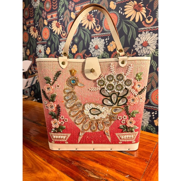 Collins of Texas Handbags - VTG Collins of Texas In The Pink Jewel Box Bag Peacock Bird Handbag 1960s whimsy